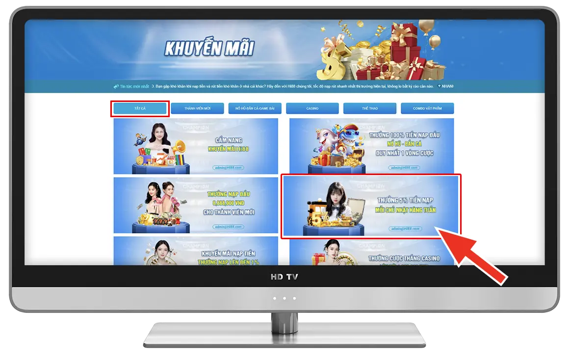 Bước 1: Tại "KHUYẾN MÃI" chọn " THƯỞNG 5% TIỀN NẠP MỖI CHỦ NHẬT"